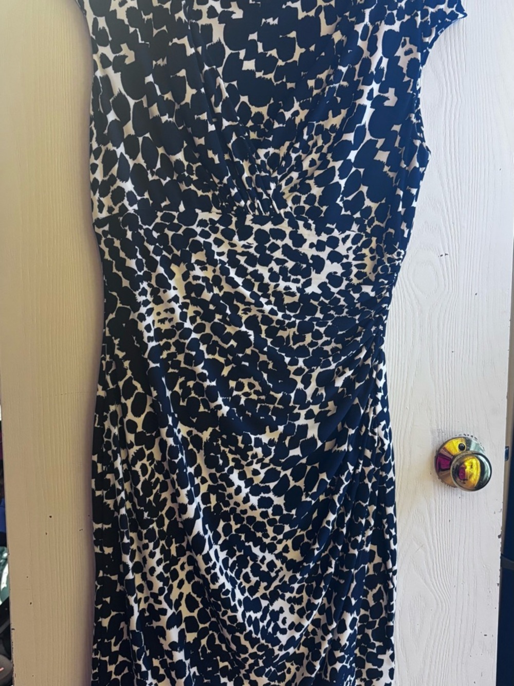 Sleeveless Navy and White Printed Sheath Dress